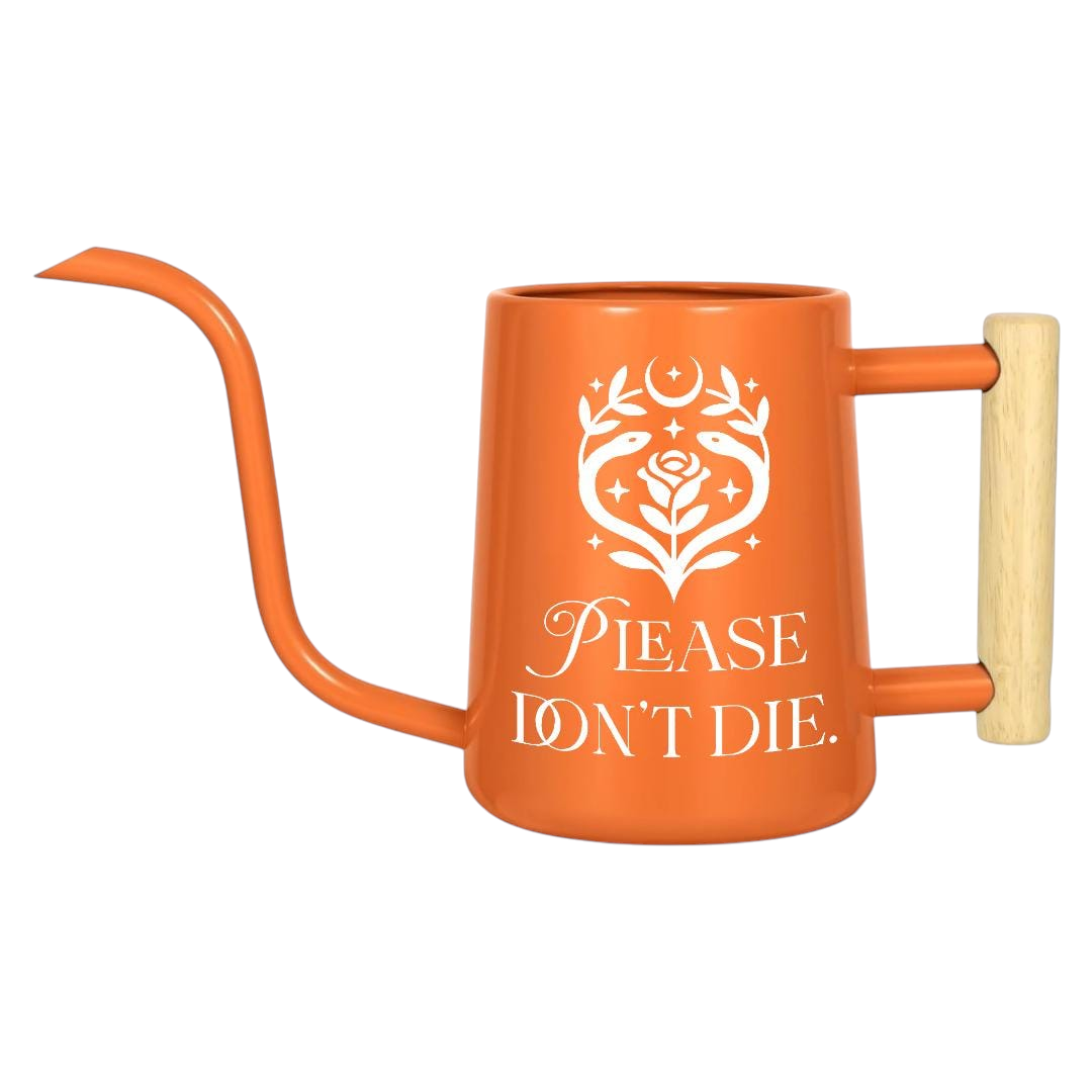 pink watering can please don't die for sale, soft pink hue with playful plant care message, rounded compact shape, high-quality plastic with anti-drip spout, ideal for succulent arrangements and small containers, adorable gift for plant lovers