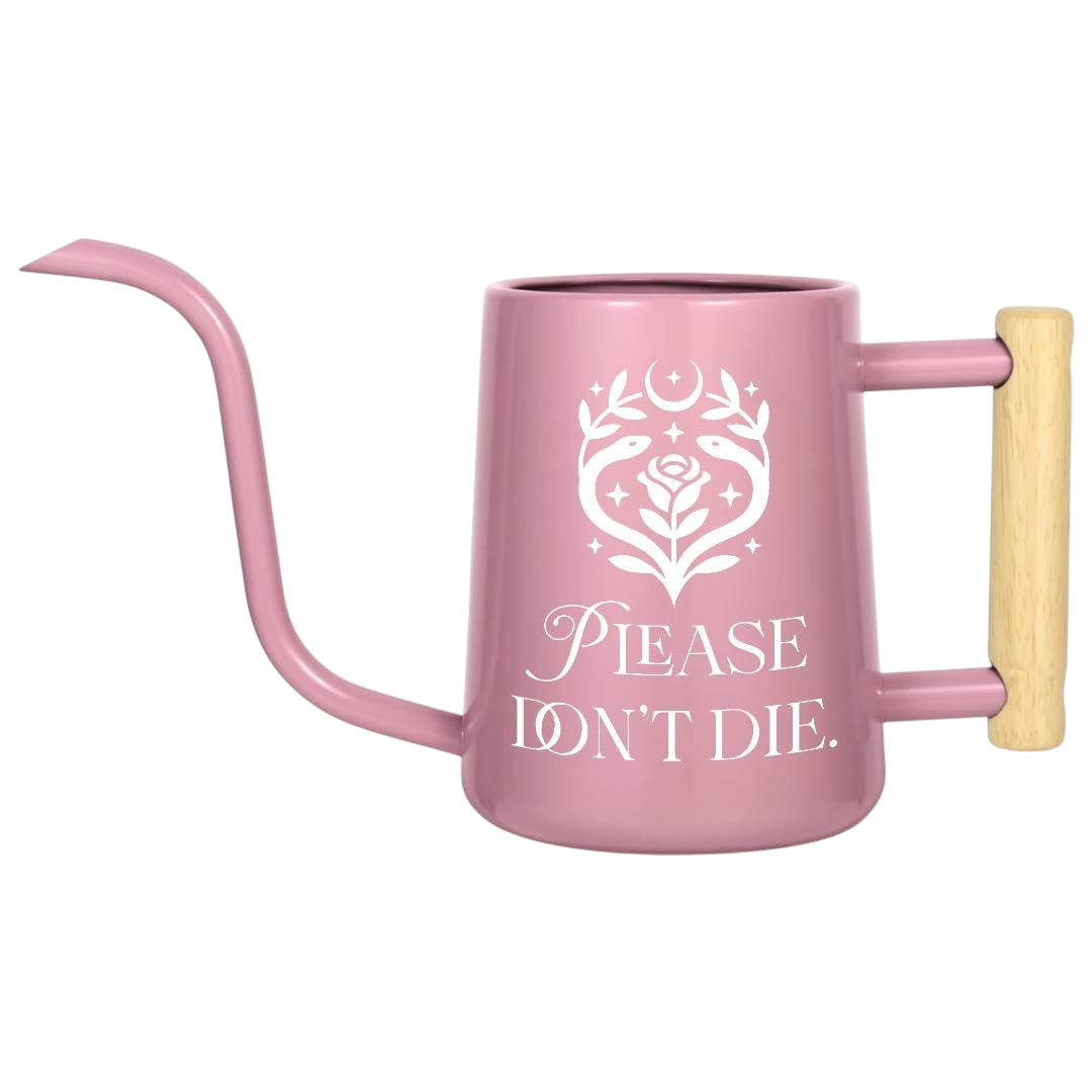 pink watering can please don't die for sale, delicate pink coloring with motivational gardening text, lightweight construction, easy-grip handle, ideal for indoor planters and bedroom plants, sweet gift for plant enthusiast friends