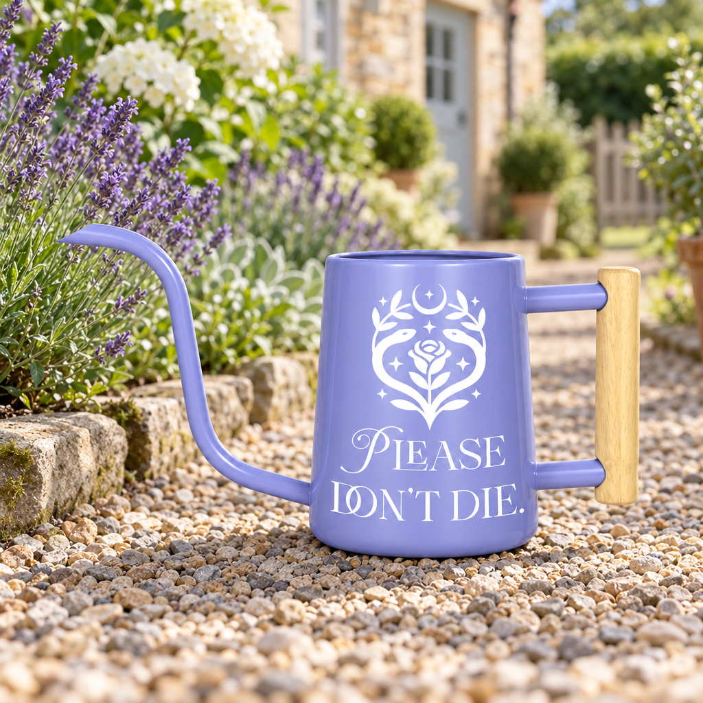 buy black watering can please don't die online, classic black coating with humorous botanical message, extra-wide spout for precision watering, 2-liter capacity, great for vegetable container gardens, perfect gift for beginner gardeners
