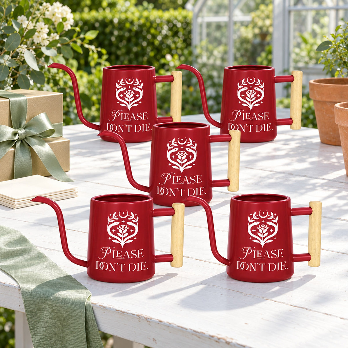 buy pack of watering can - please don't die 10-pack orange online, rust orange hue, sleek profile, balanced handle, great for patio flowers, vibrant plant lover gift
