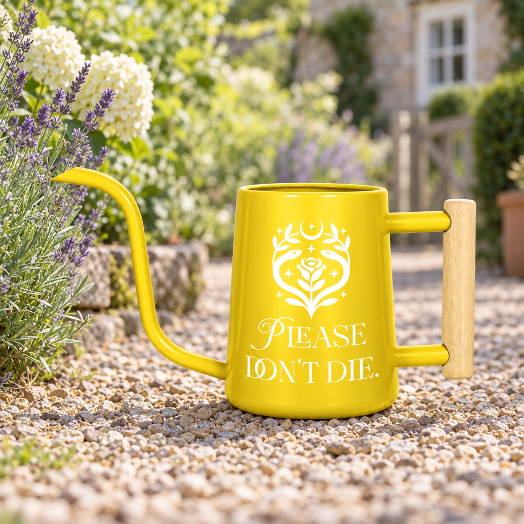 buy black watering can please don't die online, bold black finish with motivational plant care typography, generous 2-liter capacity, anti-drip spout design, perfect for hanging planters and raised bed gardens, unique gift for outdoor gardeners