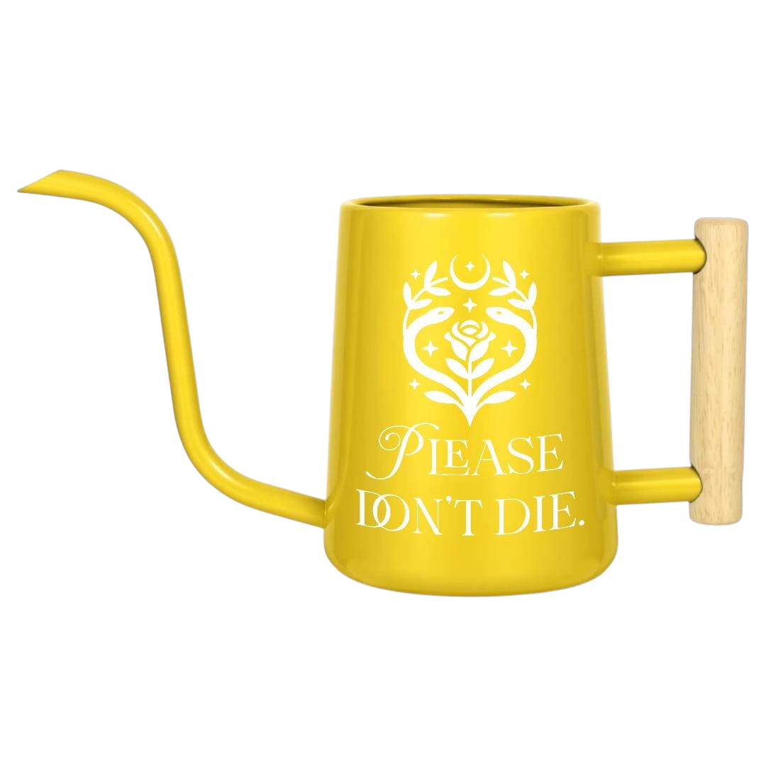 orange watering can please don't die for sale, striking orange color with humorous text, ergonomic handle with finger grooves, durable plastic construction, ideal for balcony potted plants, fun present for plant parent gifts