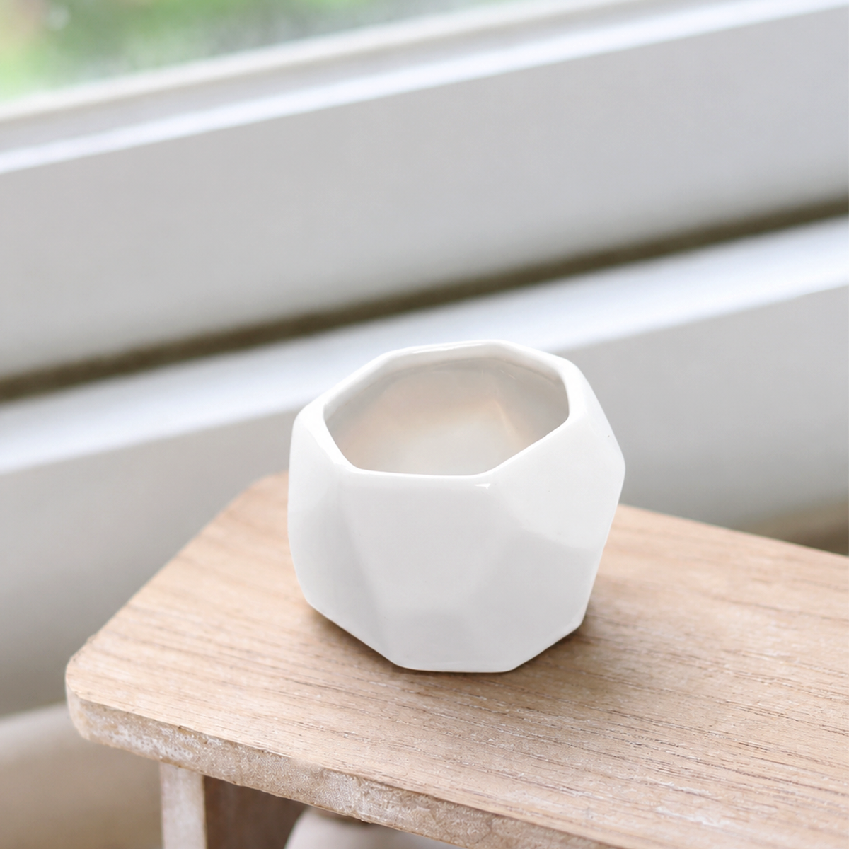 buy white geometric ceramic container live plant 3.25 inch online, modern white multi-faceted gem-cut ceramic vessel, tilted display opening for compact rosette or air plant, clean bright white finish with angular sculptural edges, suits air plants bromeliads or miniature succulents, contemporary minimalist desktop or shelf decor accent, thoughtful housewarming or plant lover gift