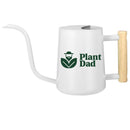 classic white watering can plant dad novelty design for sale, glossy white surface with playful plant dad slogan print, medium capacity with balanced pour spout, contemporary decorative style, perfect for watering small houseplants and desk plants, unique and thoughtful gift for fathers who love plants