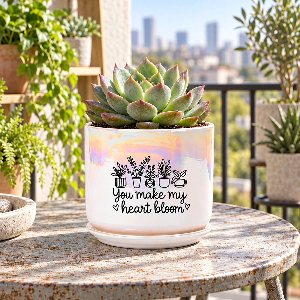 A small succulent plant in a white ceramic pot with a holographic iridescent finish and the printed phrase 'You make my heart bloom' with black line drawings of potted plants. The pot sits on a round weathered table outdoors on a balcony with a city skyline and other potted plants in the background.