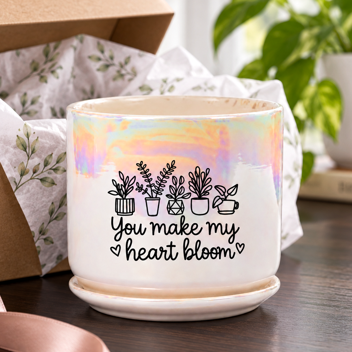 A white ceramic planter pot with a saucer, featuring an iridescent pastel rainbow finish on the upper half and black printed text reading 'You make my heart bloom' with small plant illustrations. It is styled in a gift box with tissue paper on a wooden table, with a blurred green plant in the background.