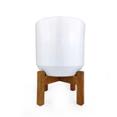9.8 inch White Ceramic Pot with Wooden Stand