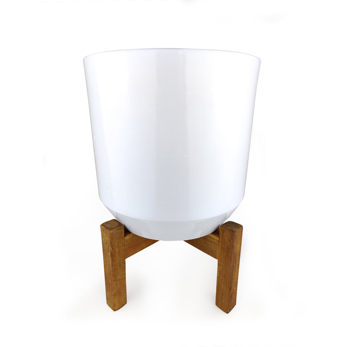 long white plant pot Large White Ceramic Pot with Wooden Stand - Planter for Indoor Plants