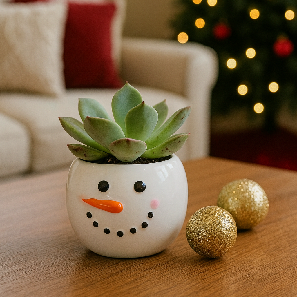 Tiny Tot Snowman Planter with Live 2-inch Succulent, 2-inch Succulent Planter for Christmas Holiday Decor, Miniature snowman planter gift