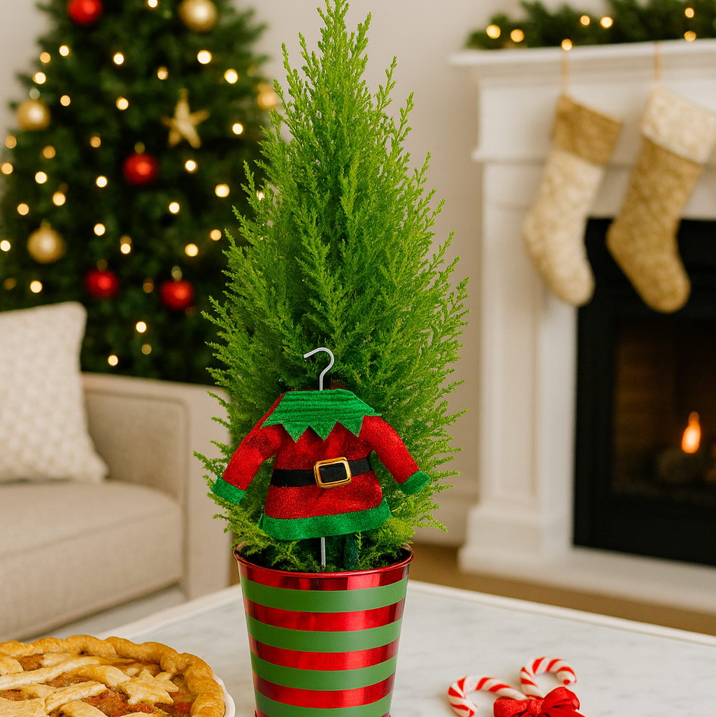 Lemon Cypress Cone 4 inch plant with Elf decoration, Potted Christmas Tree for Home Decor Ideas, Unique Holiday Gift