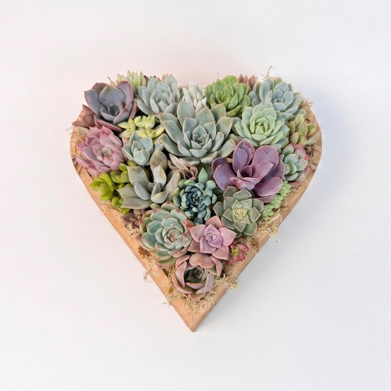 Premium large live succulent heart arrangement in a natural cedarwood container, isolated on a white background