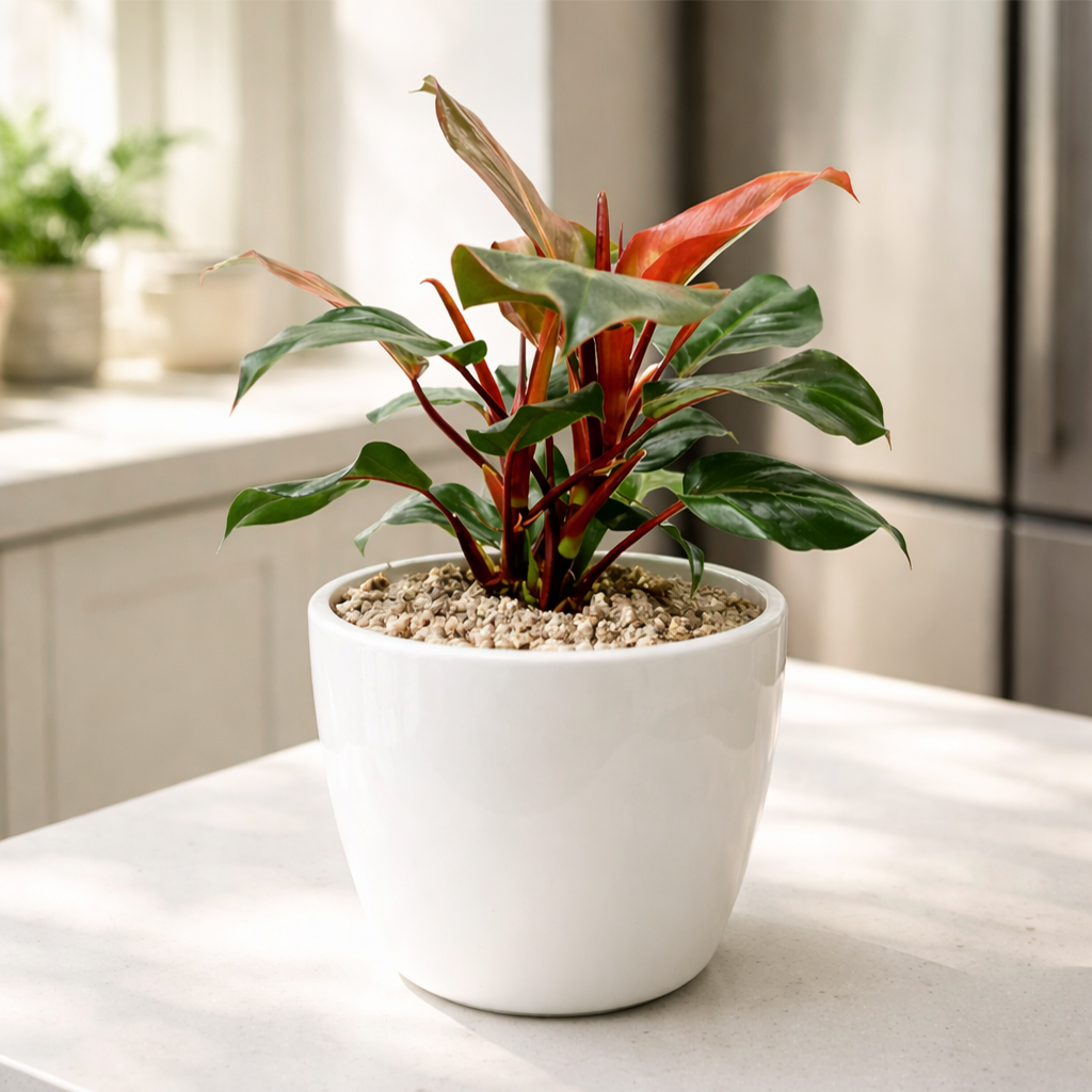 Philodendron Sun Red with Vibrant Red to Burgundy Foliage in 4 inch decorative pot, Self-heading philodendron varieties, Air purifying houseplant for home decoration