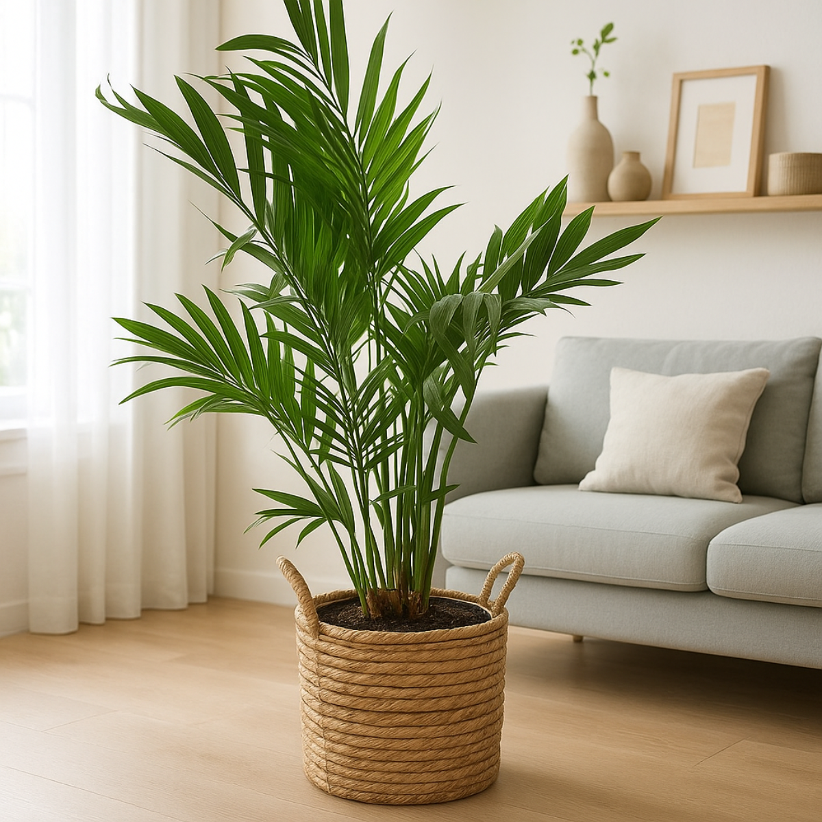 medium areca palm indoor tree live houseplant for sale, lush multi-stemmed golden-green cane structure, graceful pinnate fronds with narrow leaflets, wide-spreading tropical silhouette, pet-safe and non-toxic, creates a bohemian corner focal point indoors, a thoughtful and long-lasting gift for plant enthusiasts in an eco pot