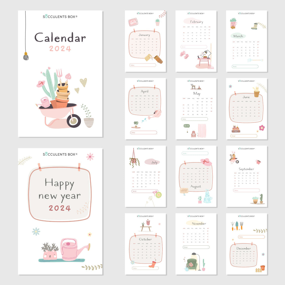 2024 calendar, free printable calendar 2024, calendar in succulent theme, new year gift ideas, gift for succulent lovers, 2024 gift ideas