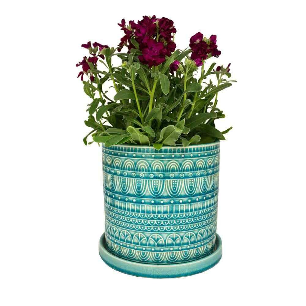 bohemian plant pots 8 inch Teal Bohemian Arc Pot - Geometric Pattern Pot for Home Decor