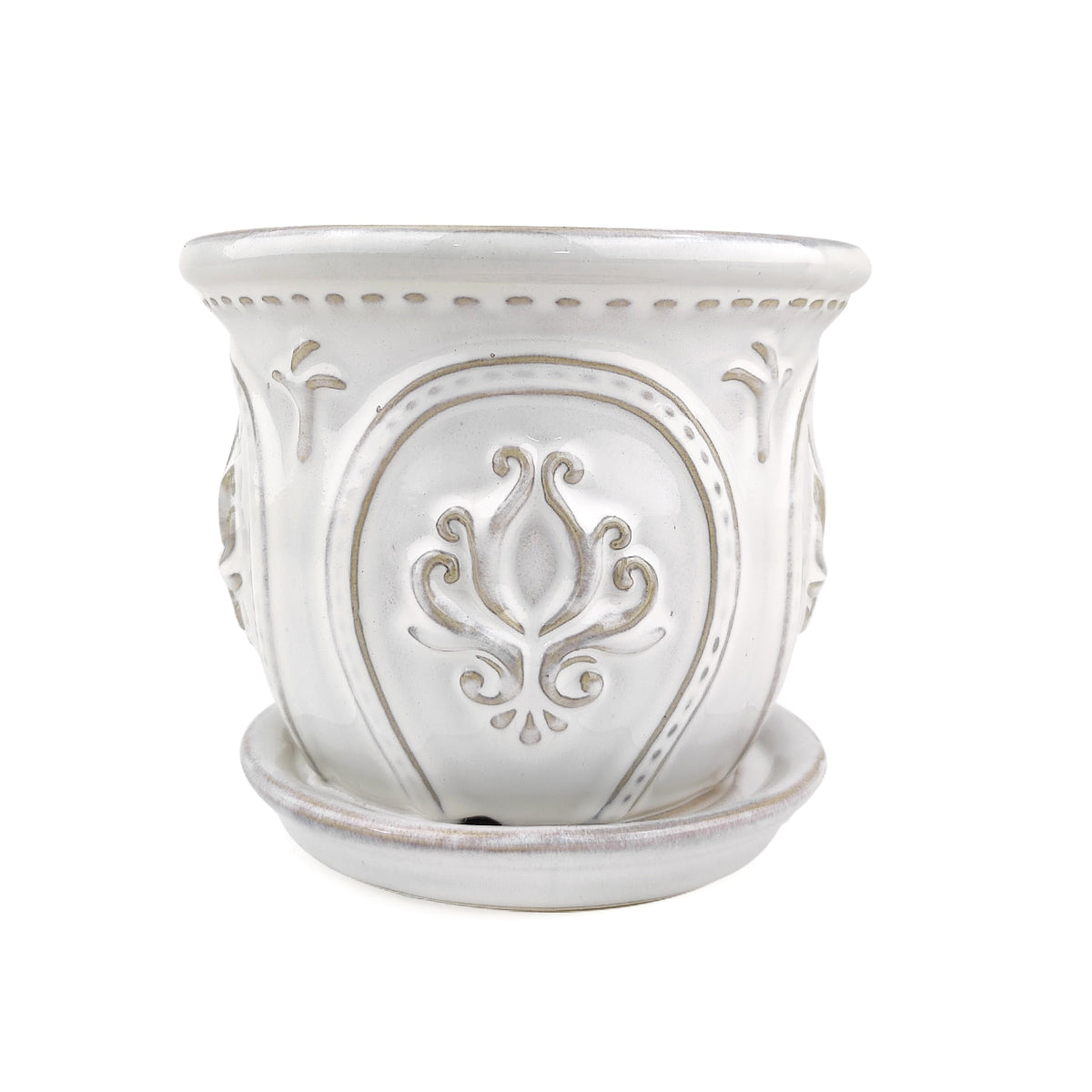 ceramic planter, classic pattern planter, white ceramic planter, 6 inch ceramic planter, classic ornate ceramic planter, houseplant pot, ceramic embossed pattern planter