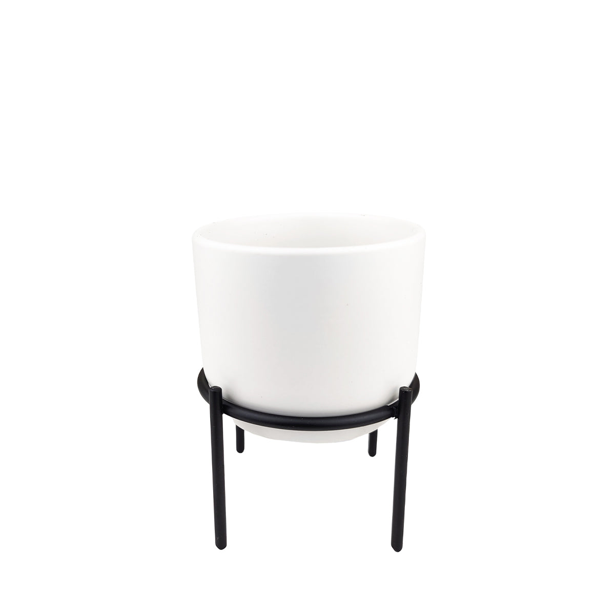 White Ceramic Round Shaped Indoor Planter with Metal Stand, White Ceramic Decor Ideas, Black Metal Plant Stand with White Pot for Succulent Houseplant and Flower