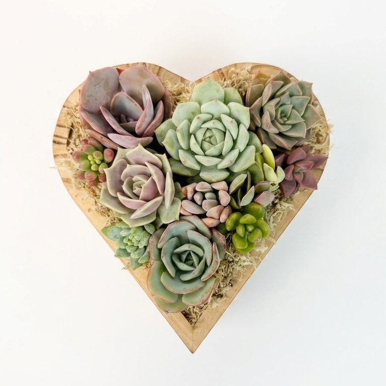 Top-down view of a small heart-shaped cedarwood planter filled with 10-12 vibrant live succulents on a clean white background