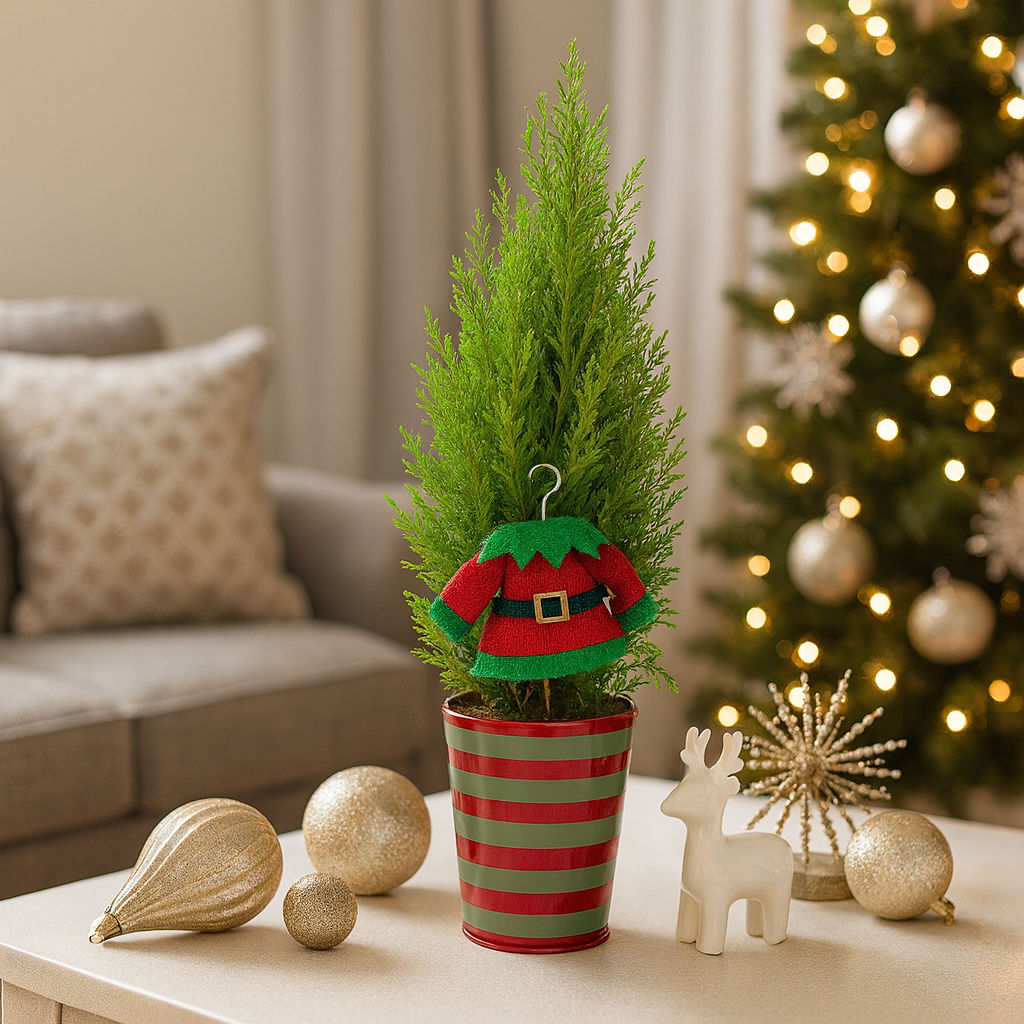 4 inch Lemon Cypress Cone with Elf, xmas decorative plants, christmas last minute gifts for sale, buy holiday gifts online, holiday decor items