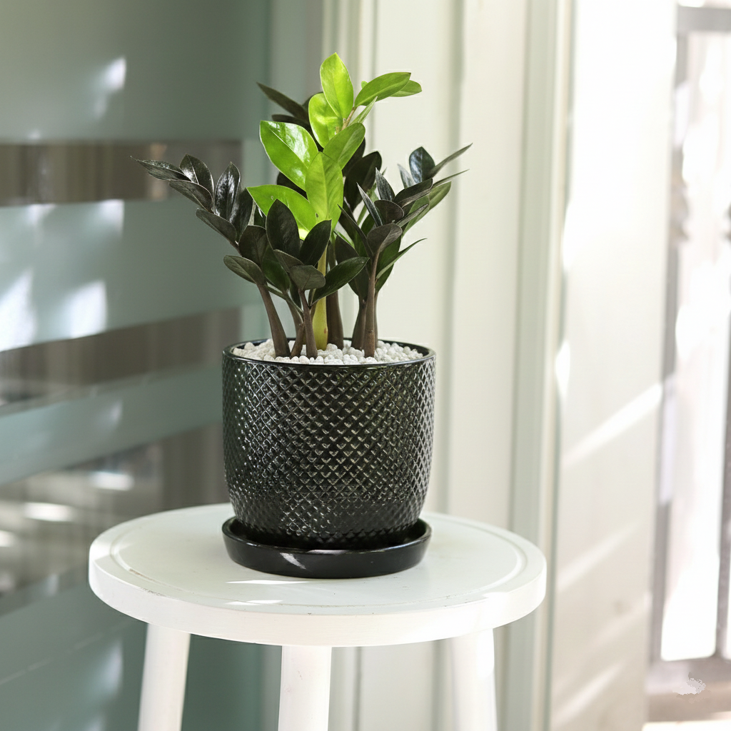 4 inch ZZ Zamioculcas 'Black Queen' in black ceramic pot with saucer, 4 inch houseplants, buy indoor plants online