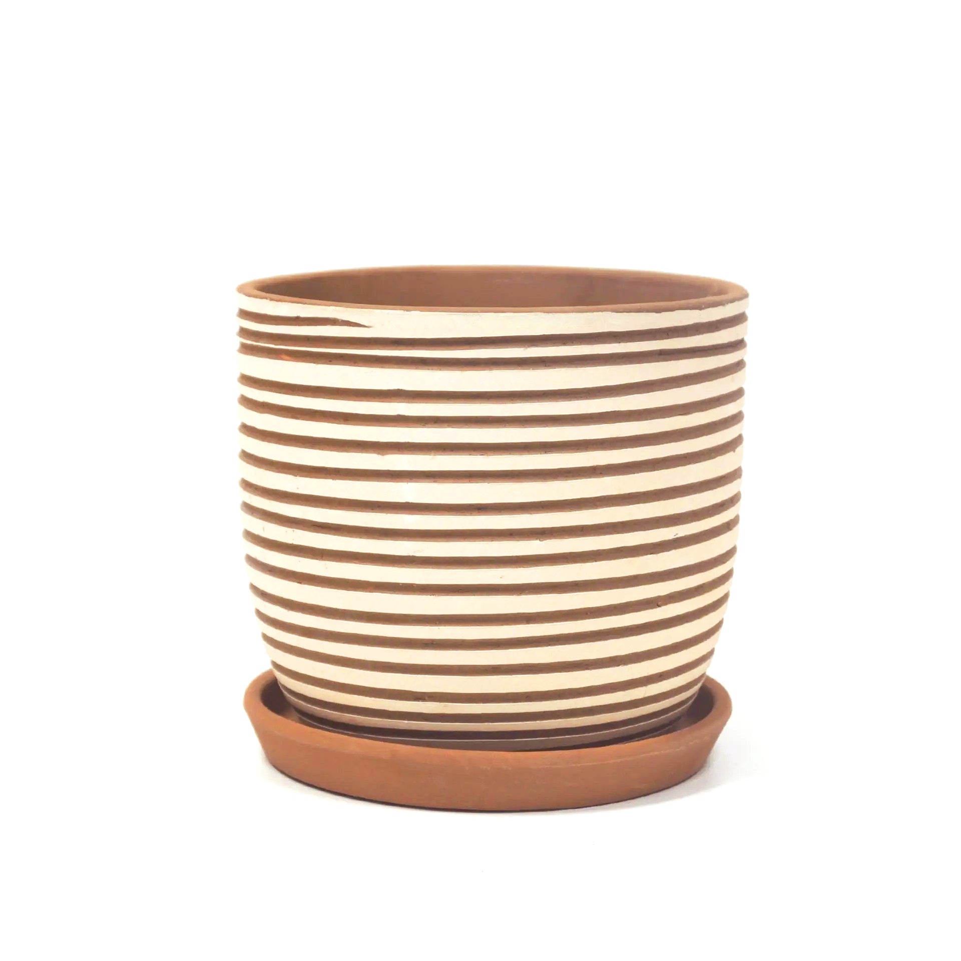 Clay White Stripes Pattern Pot for sale, Carved Stripes Terracotta Clay Pot for succulent and houseplant,  Decorative Terracotta Pot with Drainage Holes and Saucer for sale online