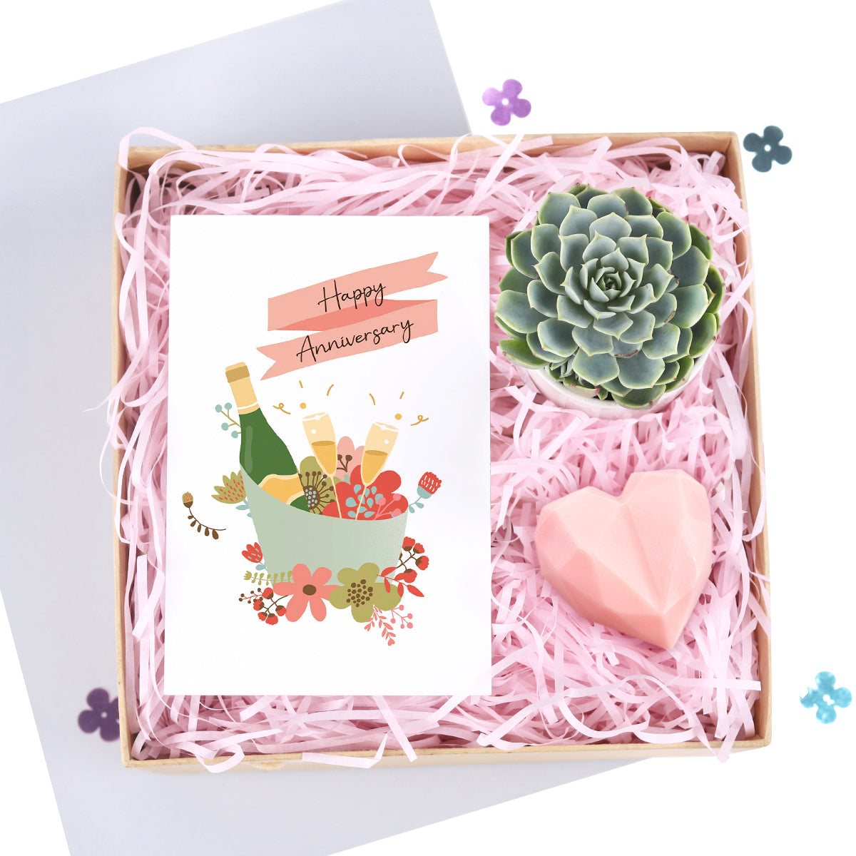 Happy anniversary gift box, Happy anniversary gift box for sale, buy Happy anniversary gift box online, succulent gift box, pink gift box, heart-shaped soap as gift 2025
