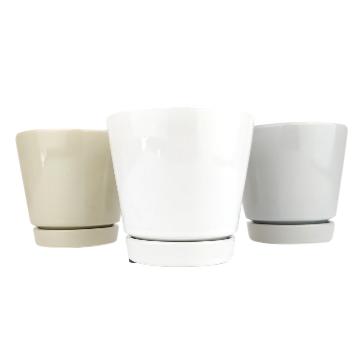 pot pack, pots in white, gray, and oatmeal color, modern pot for houseplants and succulents, minimalist pot with drainage hole and saucer