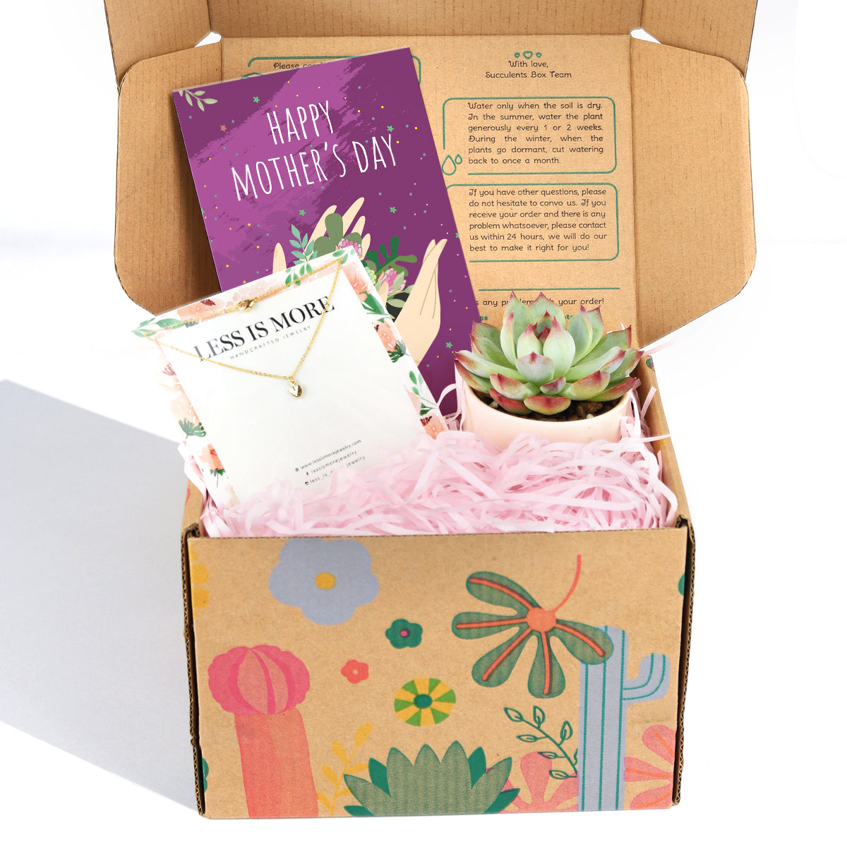 mother's day gift box, gift box ideas for mother's day, succulents gift box, gift box with jewelry for mom, gift box with greeting card, cute gift box for mother's day, happy mother's day gift box