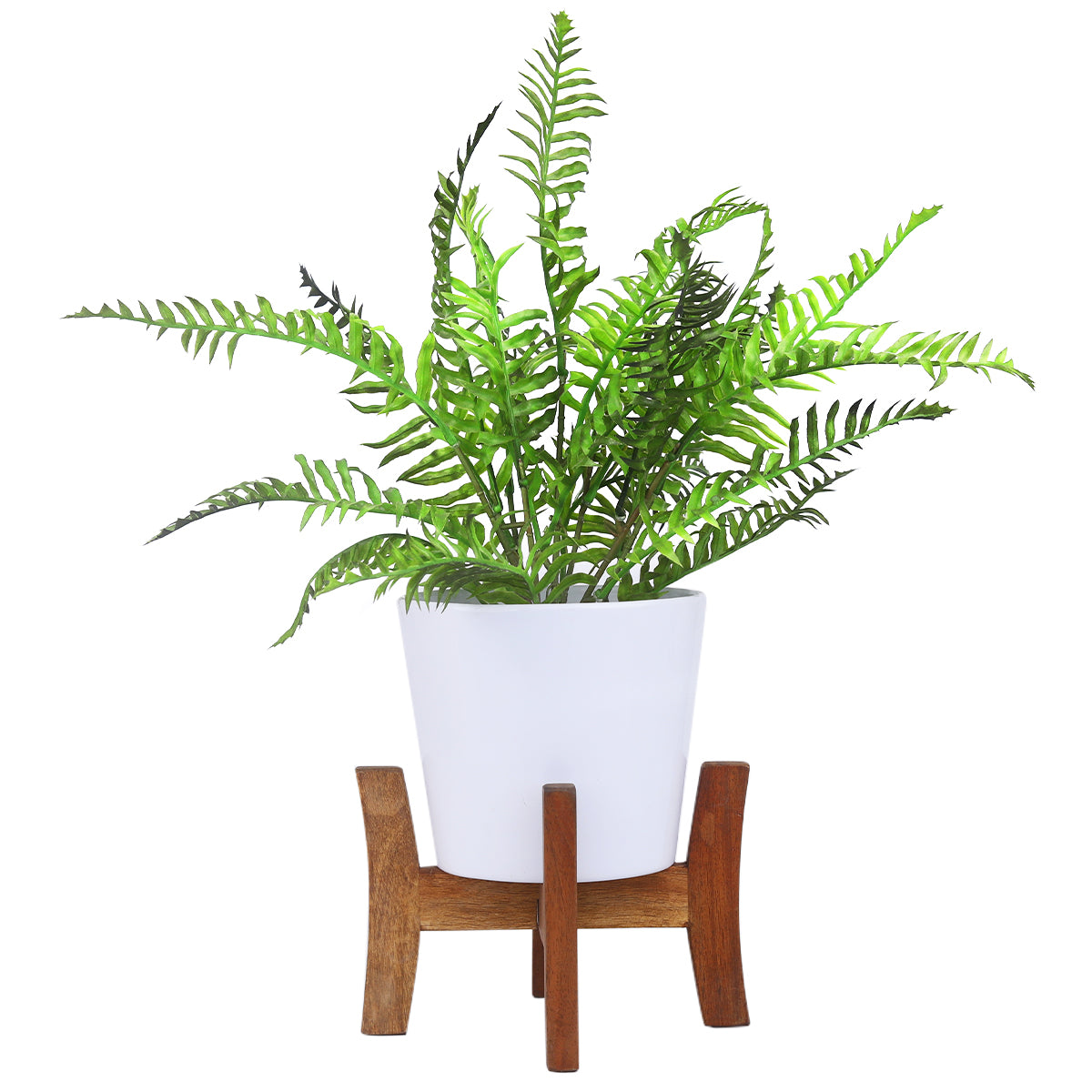 10 inch plant pot with stand White Ceramic Pot with Wooden Stand - Planter with Stand for Indoor Plants