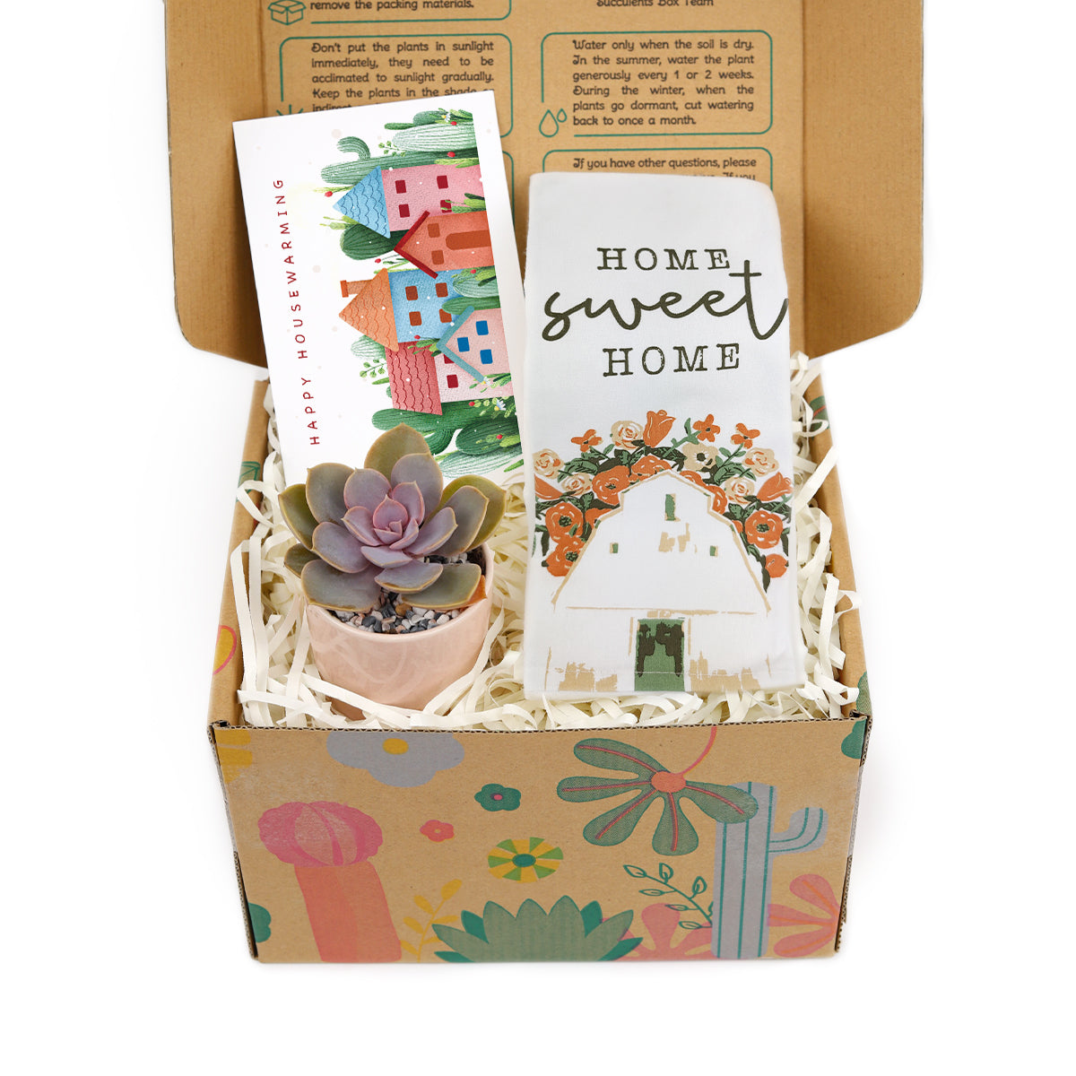housewarming gift box, housewarming gift idea, succulent gift box for delivery, live plant gift box with kitchen towel for new home