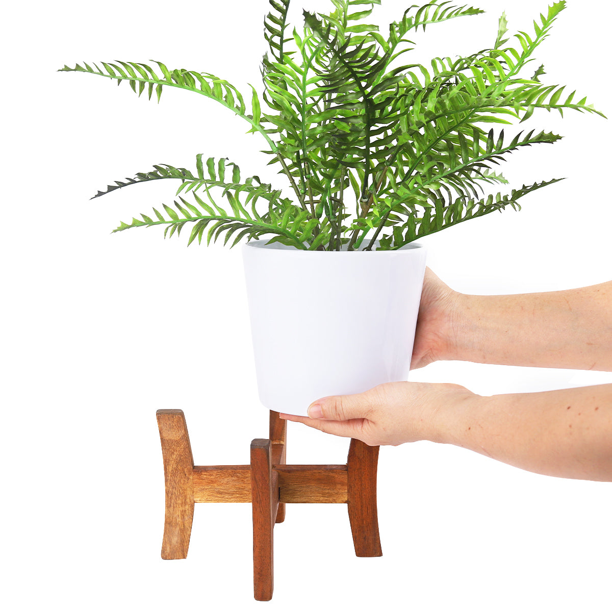 ceramic planter with wooden stand, plant pot with wooden stand, plant pot with wood stand, white pot with stand