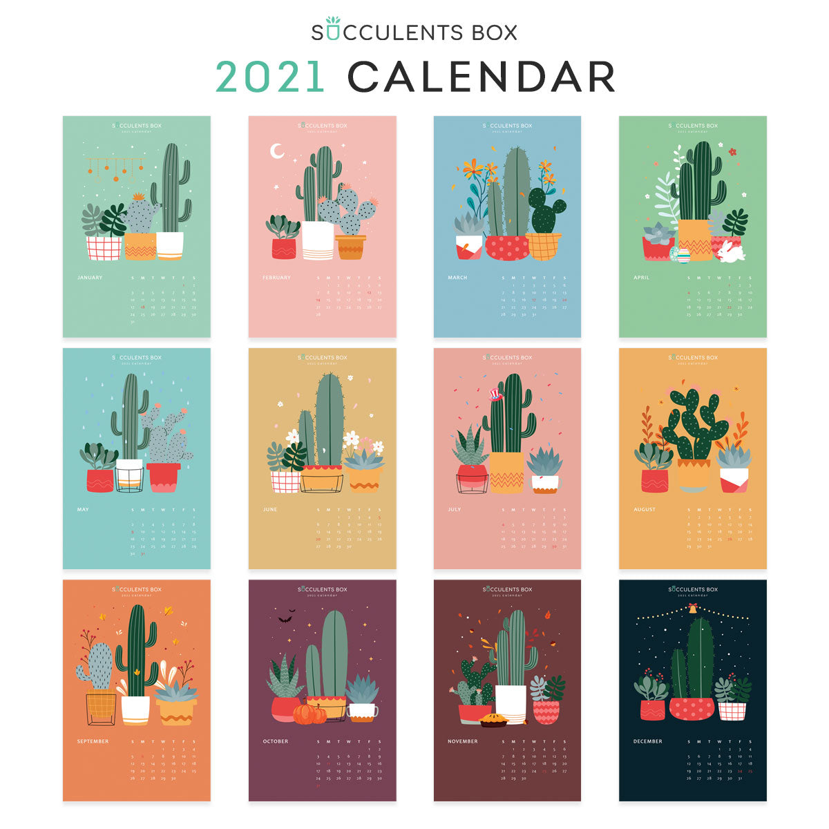 succulent calendar 2021 Monthly Succulent Colorful Calendar | Free Printable 2021 Plants Download