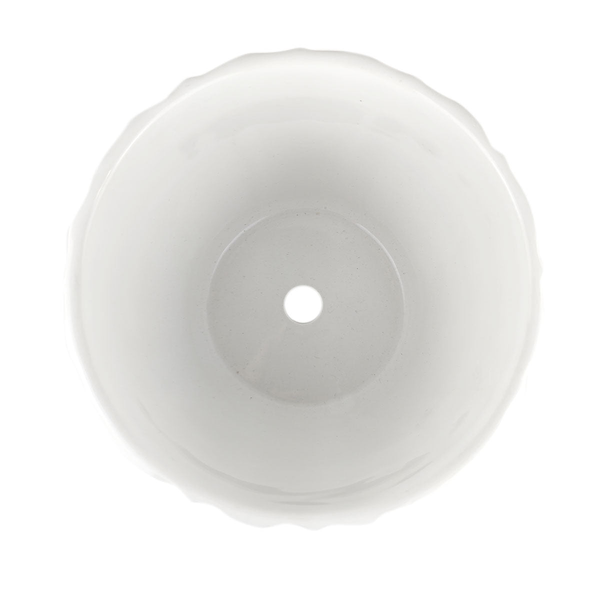 white decorative ceramic pot, pot with saucer and drainage hole, medium stylist pot for houseplants