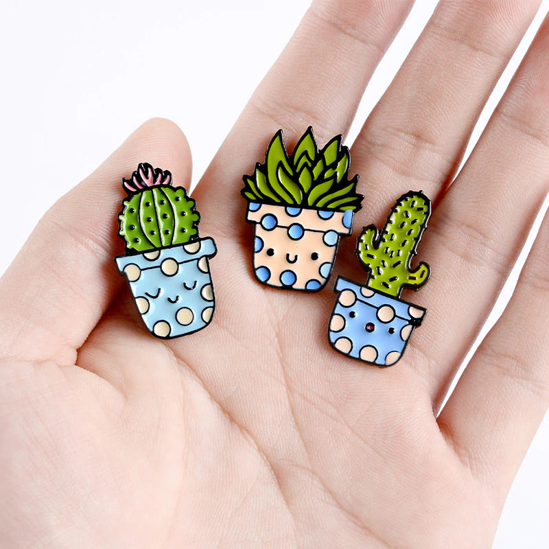 Funny Cartoon Potted Succulents Pin for sale, Cactus in a Pot Pin Badge, Succulent Gift Ideas