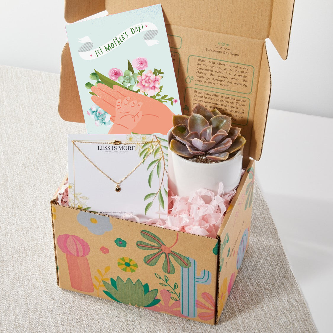 mother&#39;s day gift box, gift box ideas for mother&#39;s day, succulents gift box, gift box with jewelry for mom, gift box with greeting card, cute gift box for mother&#39;s day, first mother&#39;s day gift box 2025