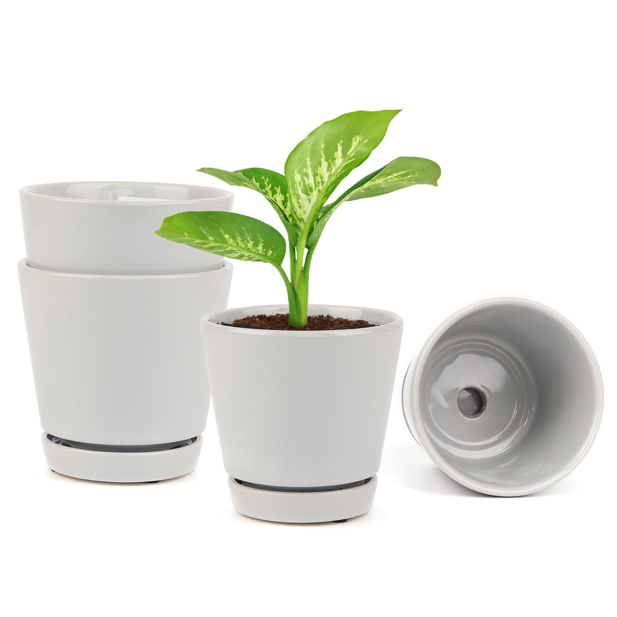high-quality ceramic pots for houseplants and succulents, pack of 3 gray minimalist ceramic pots for gift decor ideas, buy plant pot with a drainage hole and attached saucer