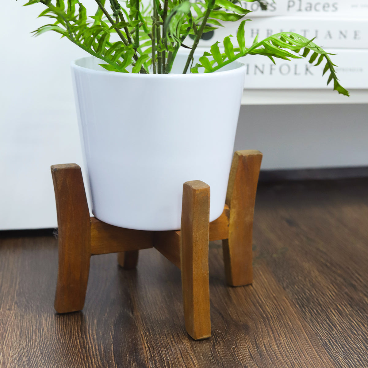 white pot planter with stand White Ceramic Pot with Wooden Stand - Planter with Stand for Indoor Plants