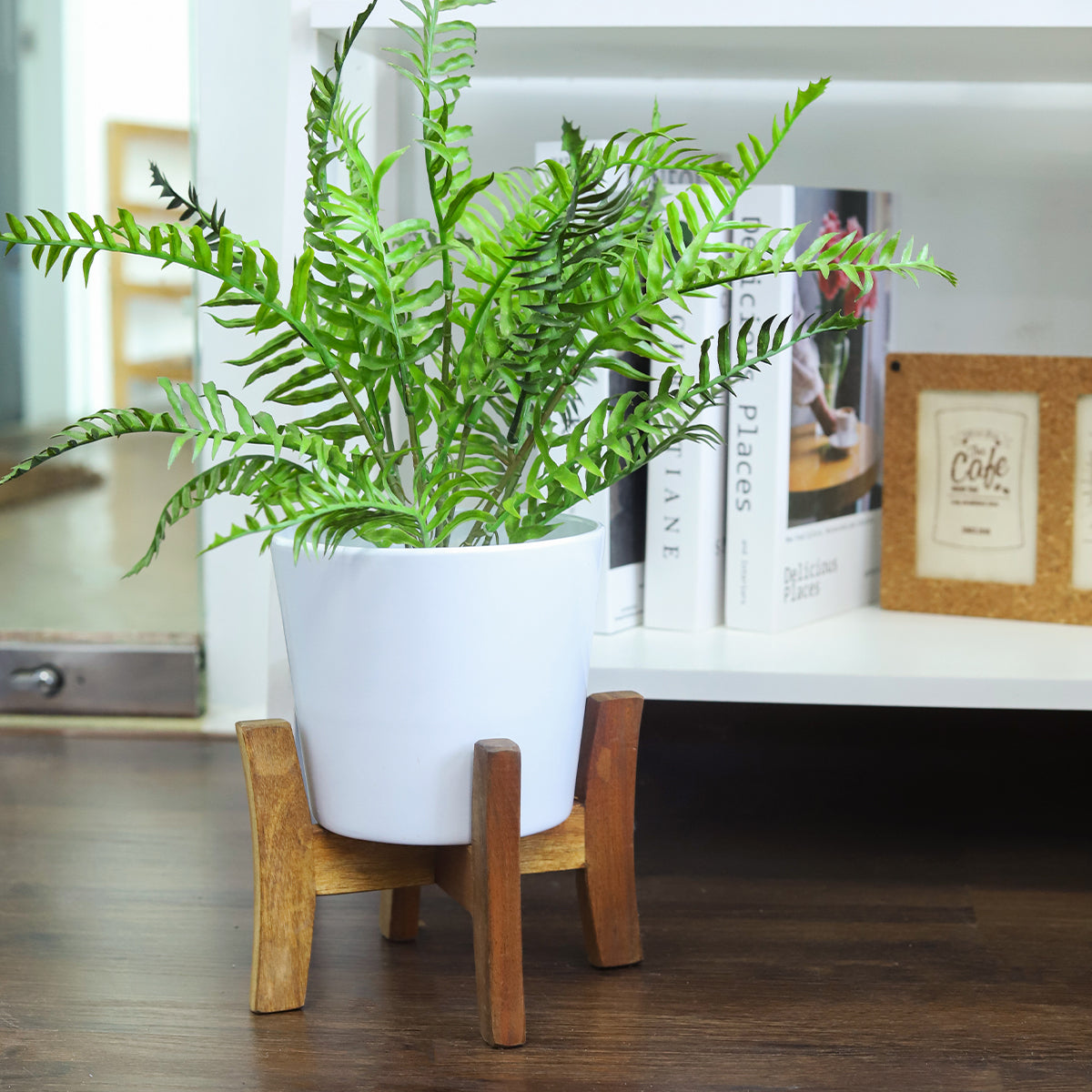 planter for 10 inch pot White Ceramic Pot with Wooden Stand - Planter with Stand for Indoor Plants