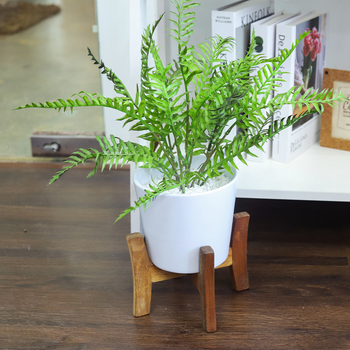 white plant stands indoor uk White Ceramic Pot with Wooden Stand - Planter with Stand for Indoor Plants