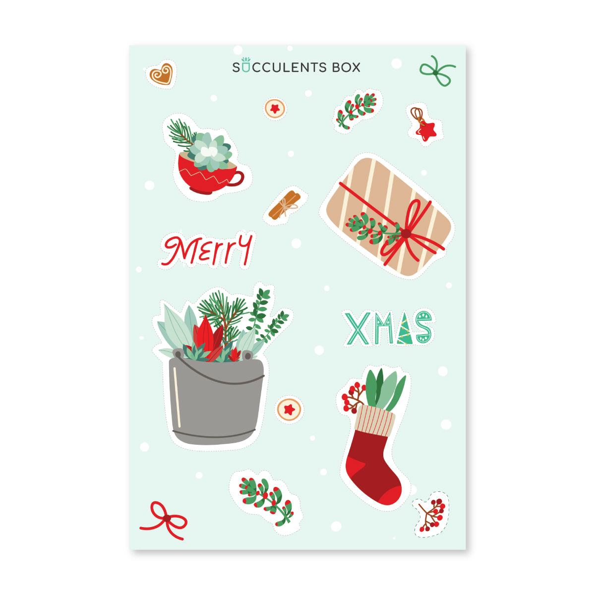 succulent stickers, Merry Christmas sticker, sticker with succulent theme, stickers for gift making and crafting. Christmas gift idea